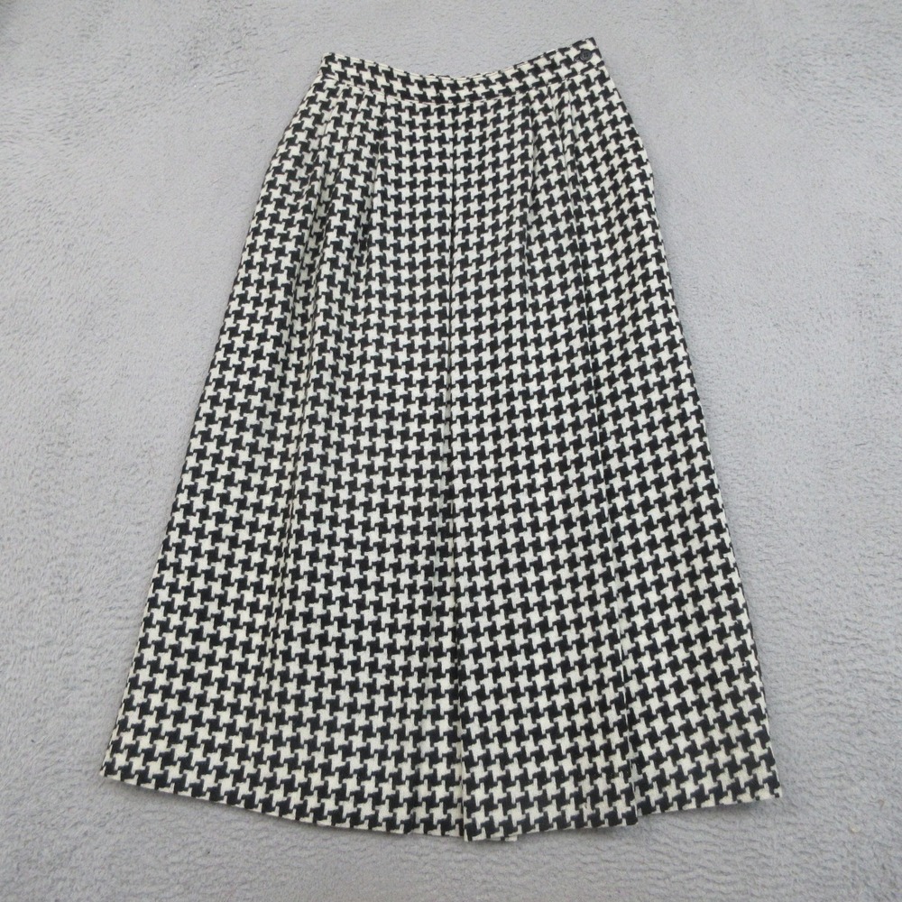 Vintage Lorch Wool Houndstooth Pleated Midi Skirt Black White Workwear Womens 8